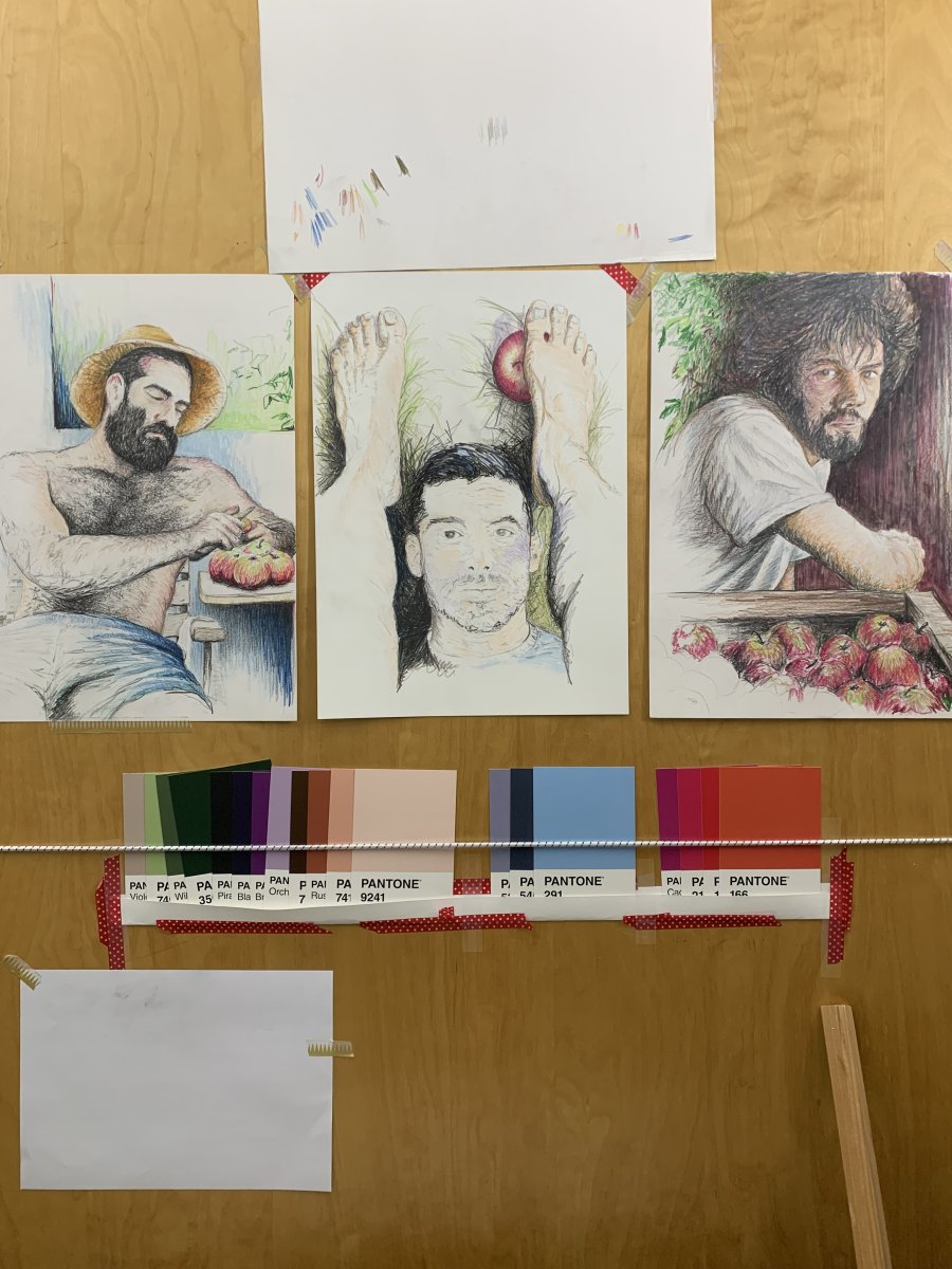 Atelieransicht - Die 3 Portraits in Arbeit, nebeneinander gereiht, paralell in Bearbeitung